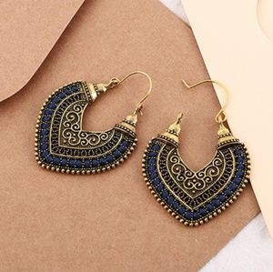 Boho Ancient Gold Hoop Earrings Dark Blue NWOT